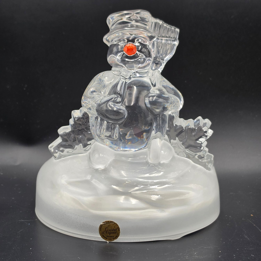 Cristal d'Arques Frosty Crystal Snowman Musical Figurine France VTG 2000 w/ Box